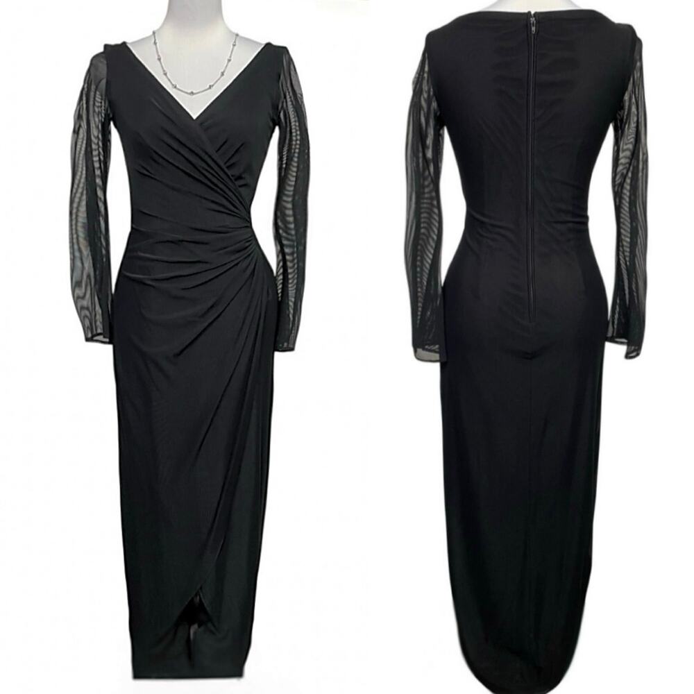 EUC - Tadashi Shoji V Neck Black Faux Wrap Midi Dress